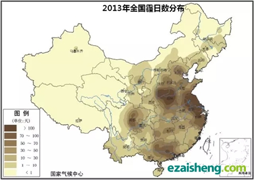 图4:2013年全国雾霾日数统计分布图